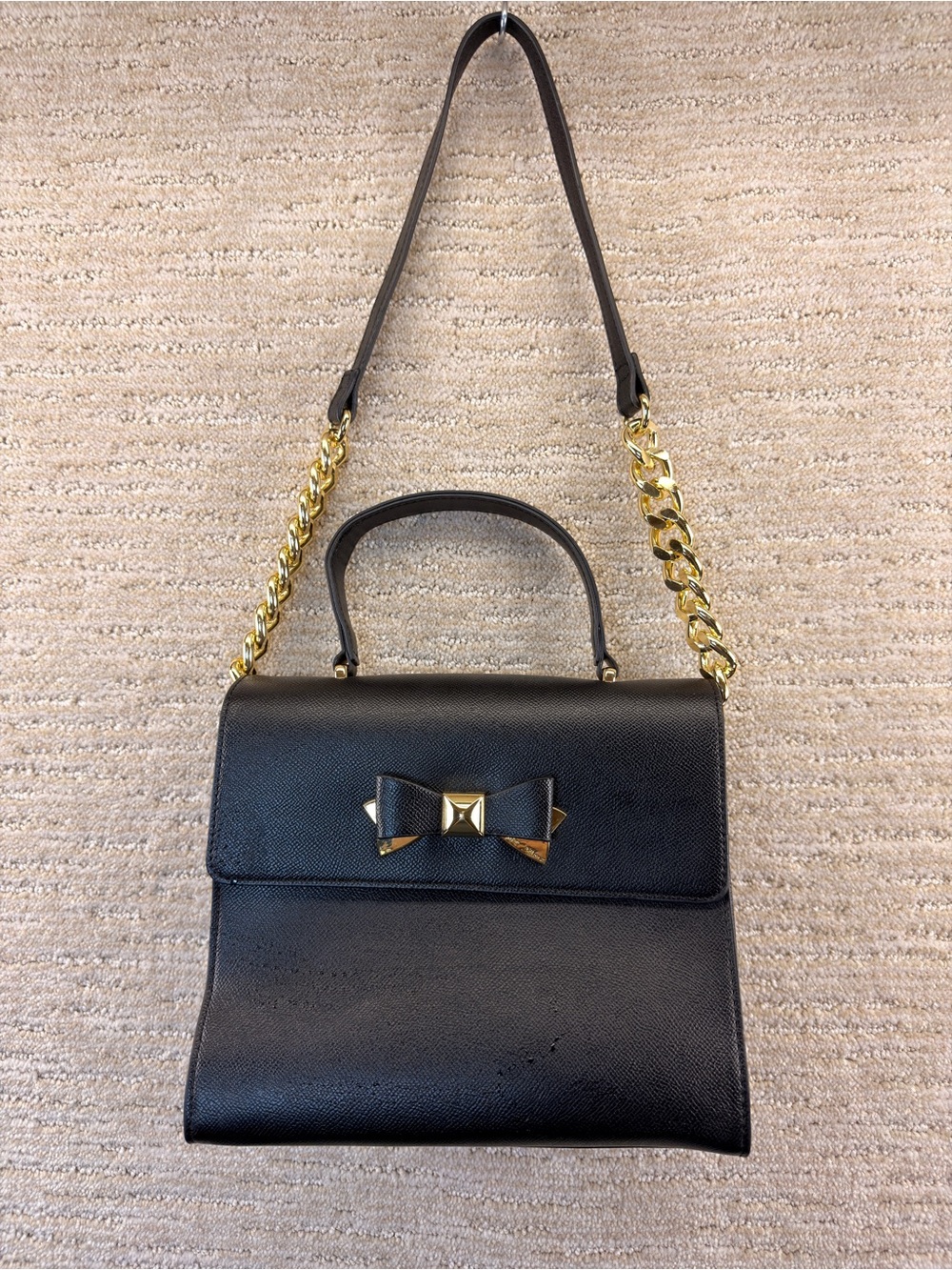 Betsey Johnson Black Mini Top-Handle Bag with Gold Chain and Bow